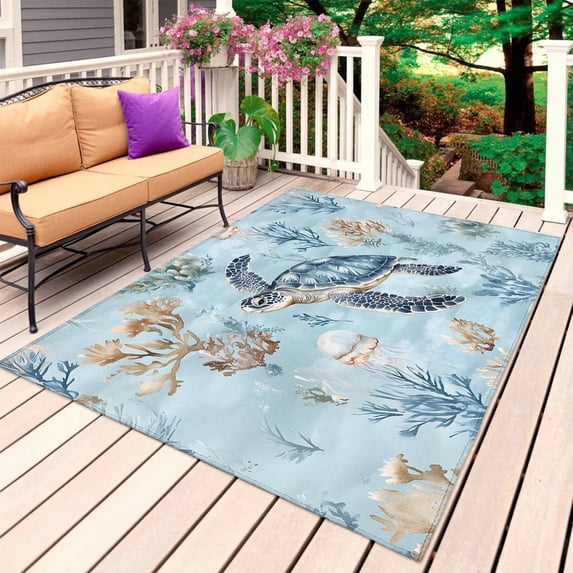 Coastal Outdoor Rug for Patio/Deck/Porch, Non-Slip Large Area Rug 6 x 9 Ft, Sea Turtle Summer Beach Nautical Coral Indoor Outdoor Rugs Washable Area Rugs, Reversible Camping Rug Carpet Runner