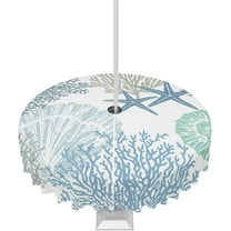 Coastal Outdoor Tablecloth Teal Blue Coral Round Patio Tablecloths 60 Inch, Ocean Nautical Table Cloths with Umbrella Hole and Zipper, Summer Beach Starfish Table Cover for Outdoor Tables Garden Party