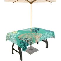 Coastal Outdoor Tablecloth Teal Blue Coral Round Patio Tablecloths 60 Inch, Ocean Nautical Table Cloths with Umbrella Hole and Zipper, Summer Beach Starfish Table Cover for Outdoor Tables Garden Party