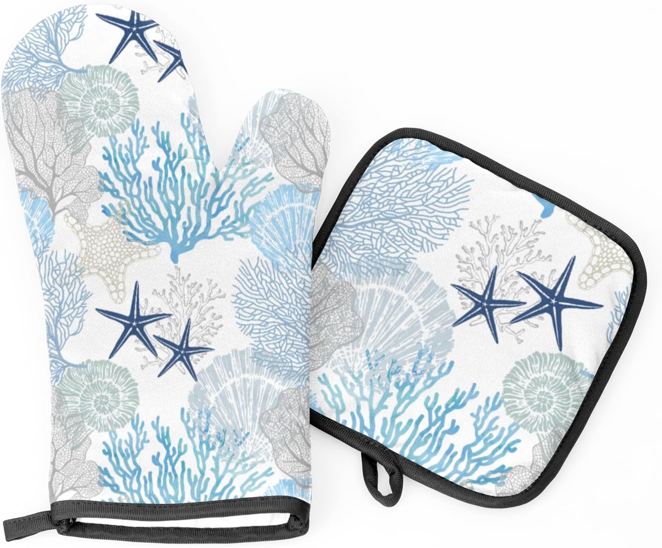 Coastal Oven Mitts and Pot Holders Sets,Starfish Seashell Coral Beach Themed Kitchen Mitts Potholders Heat Resistant Oven Gloves Hot Pads for Baking BBQ Grilling