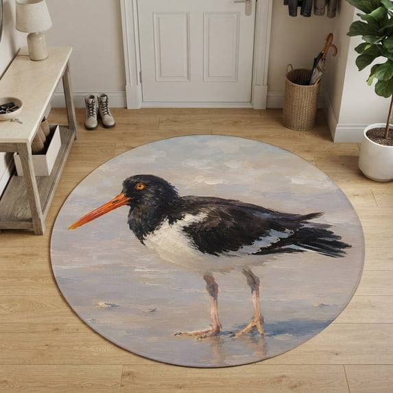 Coastal Oystercatcher Round Area Rug 4Ft Washable Circle Rugs for Bedroom Dining Room, Beach Ocean Black White Bird Non-Slip Carpet Floor Mats Indoor Outdoor Carpet Runner Aesthetic Home Decor