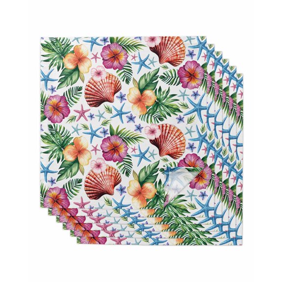 Coastal Palm Leaf Cloth Napkins Set of 6 Reusable Dinner Napkins, Tropical Flowers Ocean Blue Starfish Cocktail Napkin Washable Table Napkins for Wedding/Holiday Party/Baby Shower 20"x20"