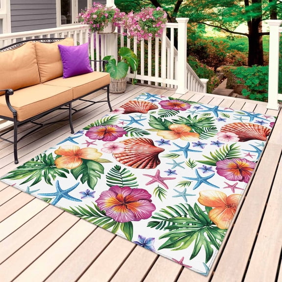 Coastal Palm Leaf Outdoor Rug for Patio/Deck/Porch, Non-Slip Large Area Rug 6 x 9 Ft, Tropical Flowers Ocean Blue Starfish Indoor Outdoor Rugs Washable Area Rugs, Reversible Camping Rug Carpet Runner
