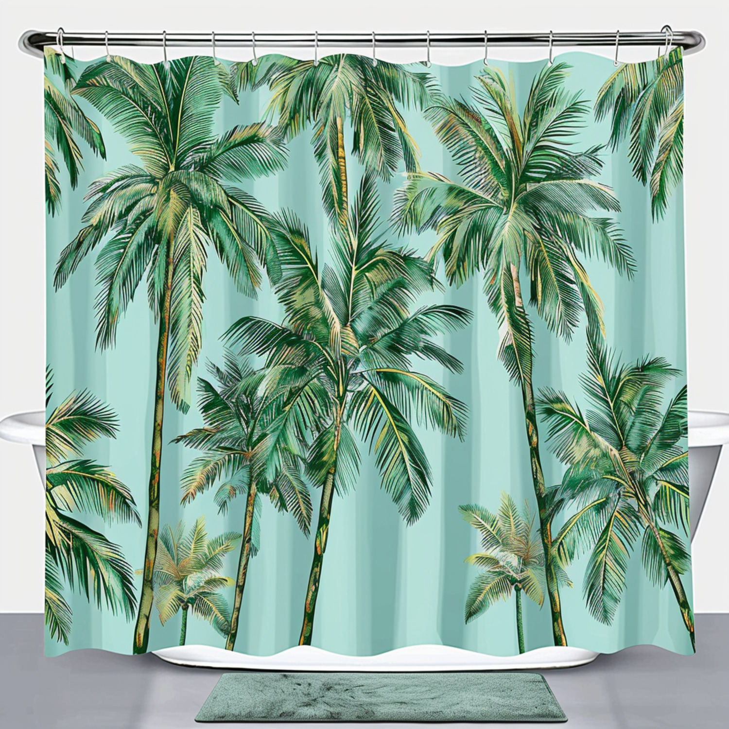 Coastal Palm Tree Bathroom Set Shower Curtain & Tropical Pattern on Light Blue Background Beachy