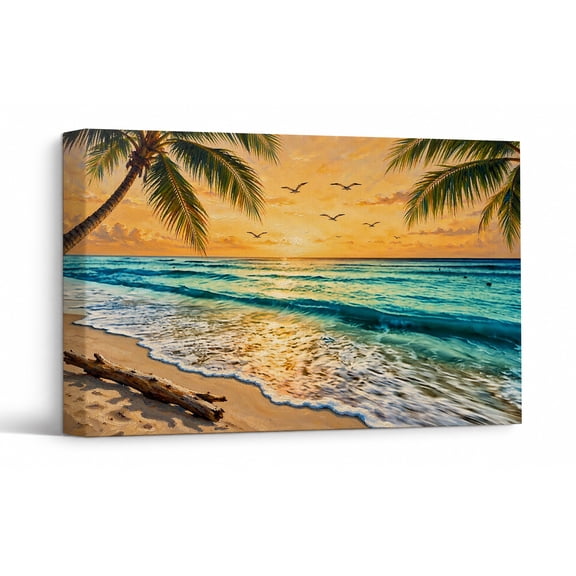 Coastal Palm Tree Canvas Wall Art, Tropical Beach Wall Decor, Sunset Landscape Theme Print Painting Pictures, Home Artwork Decor for Living Room Bedroom 30"*20"