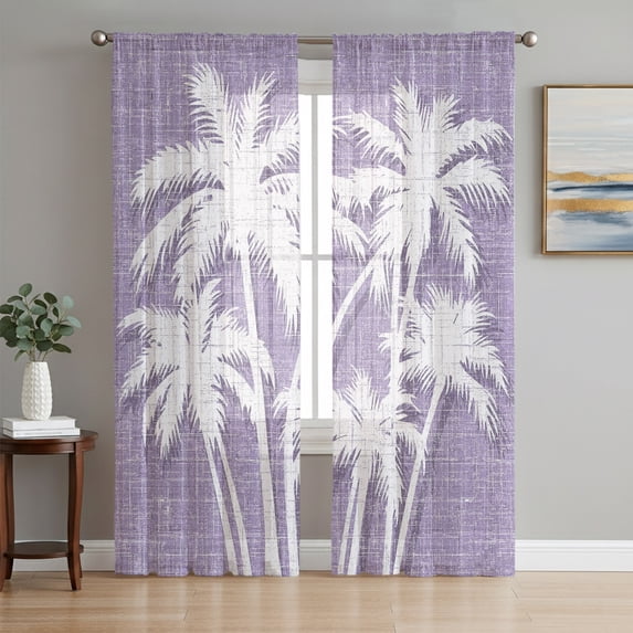 Coastal Palm Tree Sheer Curtains 63 Inches Long, Tropical Plants Botanical Vintage Purple Light Filtering Window Curtains for Living Room, Rod Pocket Voile Sheer Curtain Drapes, 52"W x 63"L, 2 Panels