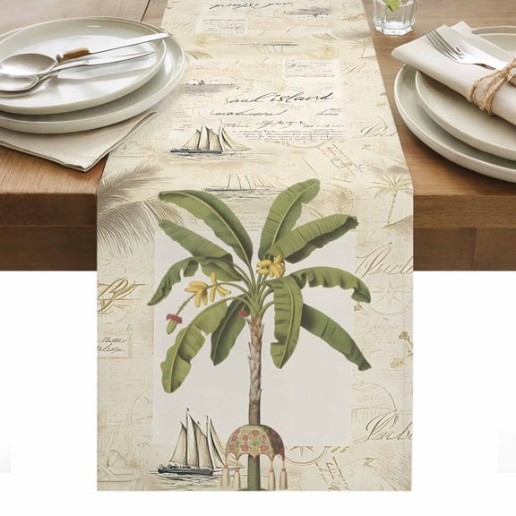 Coastal Palm Tree Table Runner Vintage Brown Tropical Botanical Tablerunners 13 x 36 Inch, Table Decorations Tabletop Scarf for Summer Gathering Holiday Farmhouse Kitchen Dining Decor