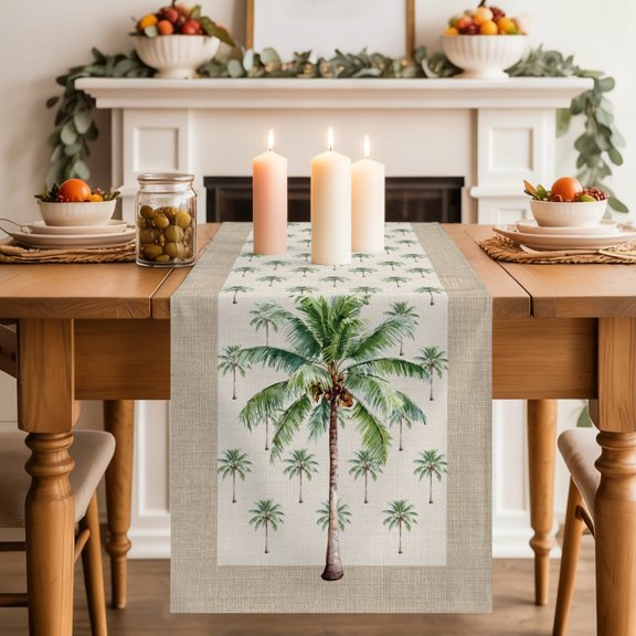 Coastal Palm Trees Dining Table Runner, Tropical Plant Summer Nature Linen Washable Table Runners Kitchen Coffee Table Center Decor for Home Party Holiday Wedding 13 x 36 Inches