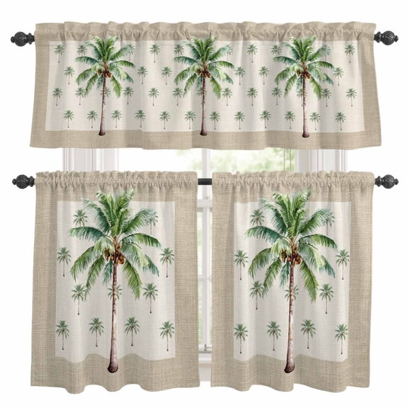 Coastal Palm Trees Kitchen Curtains Set for Windows, Tropical Plant Summer Nature Linen Curtains Valance and Tier 3 Piece Set Small Drapes 36 Inch Length for Kitchen Bedroom Decor