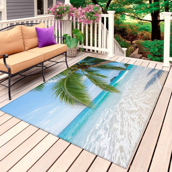 Coastal Palm Trees Outdoor Rug for Patio/Deck/Porch, Non-Slip Large Area Rug 5 x 7 Ft, Summer Beach Tropical Seaside Ocean Indoor Outdoor Rugs Washable Area Rugs, Reversible Camping Rug Carpet Runner