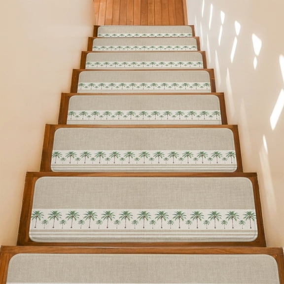 Coastal Palm Trees Stair Treads Non Slip for Steps Tropical Plant Summer Linen 7 Pcs Reusable Adhesive Stair Runner Mats for Dogs Elders Carpet Treads Rugs for Staircase 8x30 In