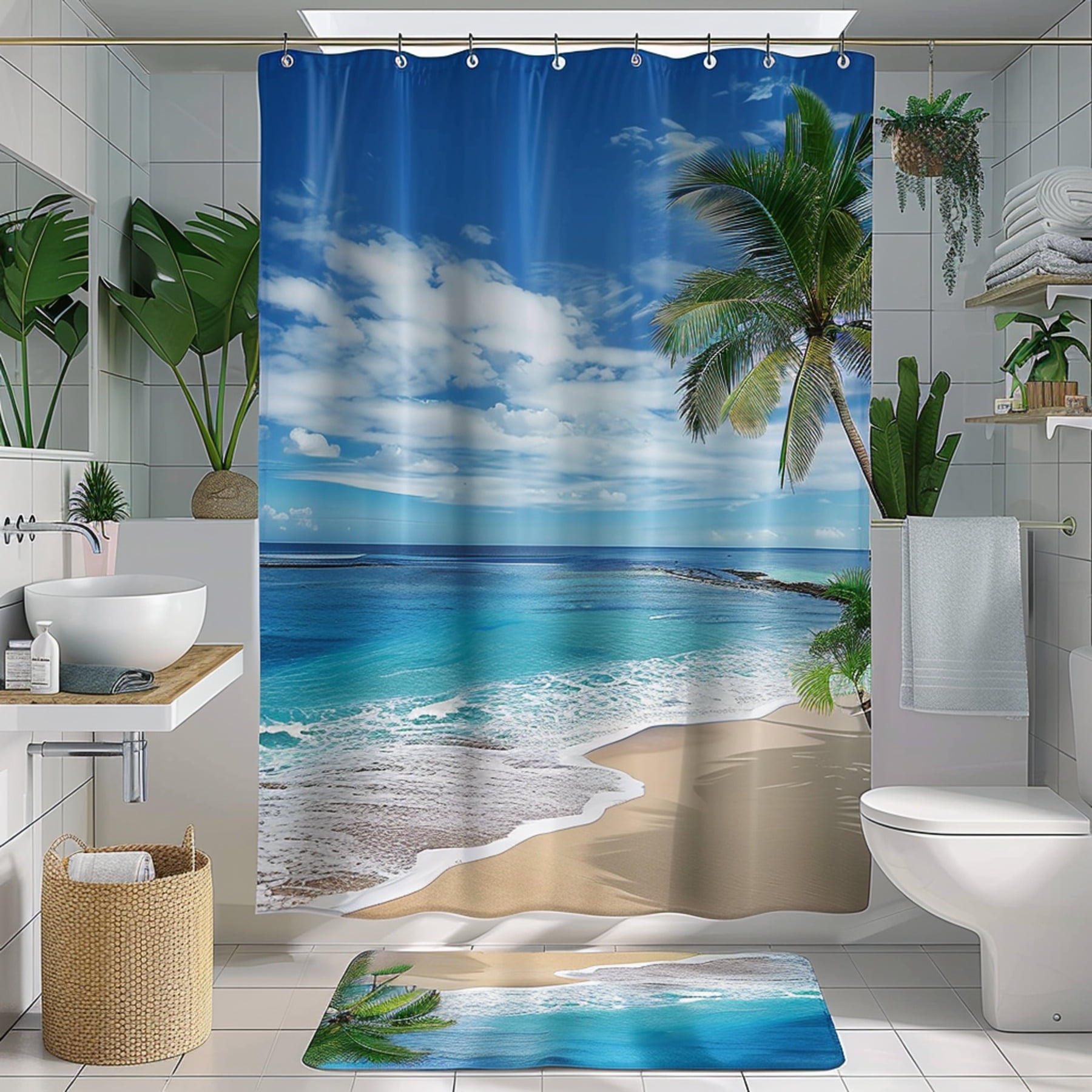 Coastal Paradise Bathroom Set: Realistic Beach Scene Shower Curtain