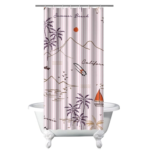 Coastal Paradise Beachy Boho Shower Curtain, Waterproof Fabric with Tropical Sunset Palm Tree and Exotic Palm Tree Prints, Includes 6 Hooks, Ideal for Rental or Airbnb Bathrooms