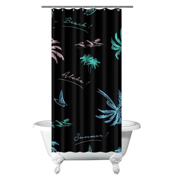 Coastal Paradise Beachy Boho Shower Curtain, Waterproof Fabric with Tropical Sunset Palm Tree and Exotic Palm Tree Prints, Includes 6 Hooks, Ideal for Rental or Airbnb Bathrooms