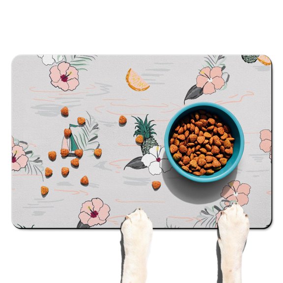 Coastal Paradise Waterproof Dog Feeding Mat - Absorbent Non-Slip Pet Placemat - Hawaiian Island Classic Design - Easy Clean