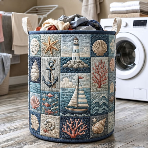 Coastal Patchwork Quilted Laundry Basket, with Handles, Foldable Clothes Hamper for Bedroom Storage