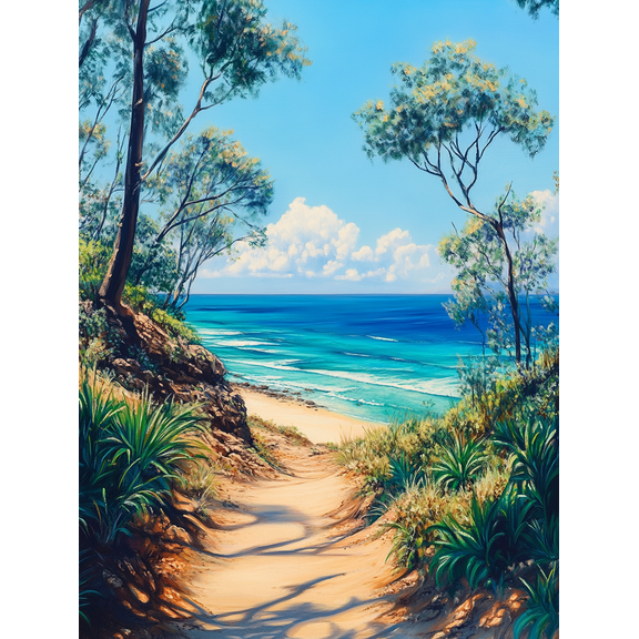 Coastal Path Beach Scene Canvas Painting Suitable for Living Room Bedroom Office Bathroom and Hallway Decoration.