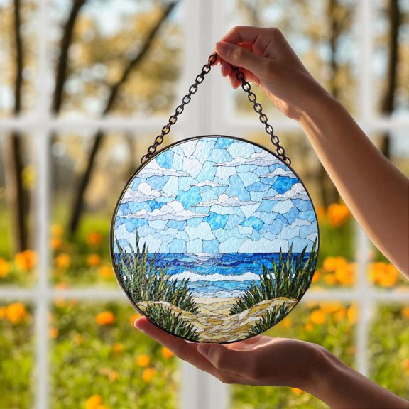 Coastal Path Ocean View Round Suncatcher, Beach Glass Window Hanging Art, Seaside Home Decor, 3.5 in