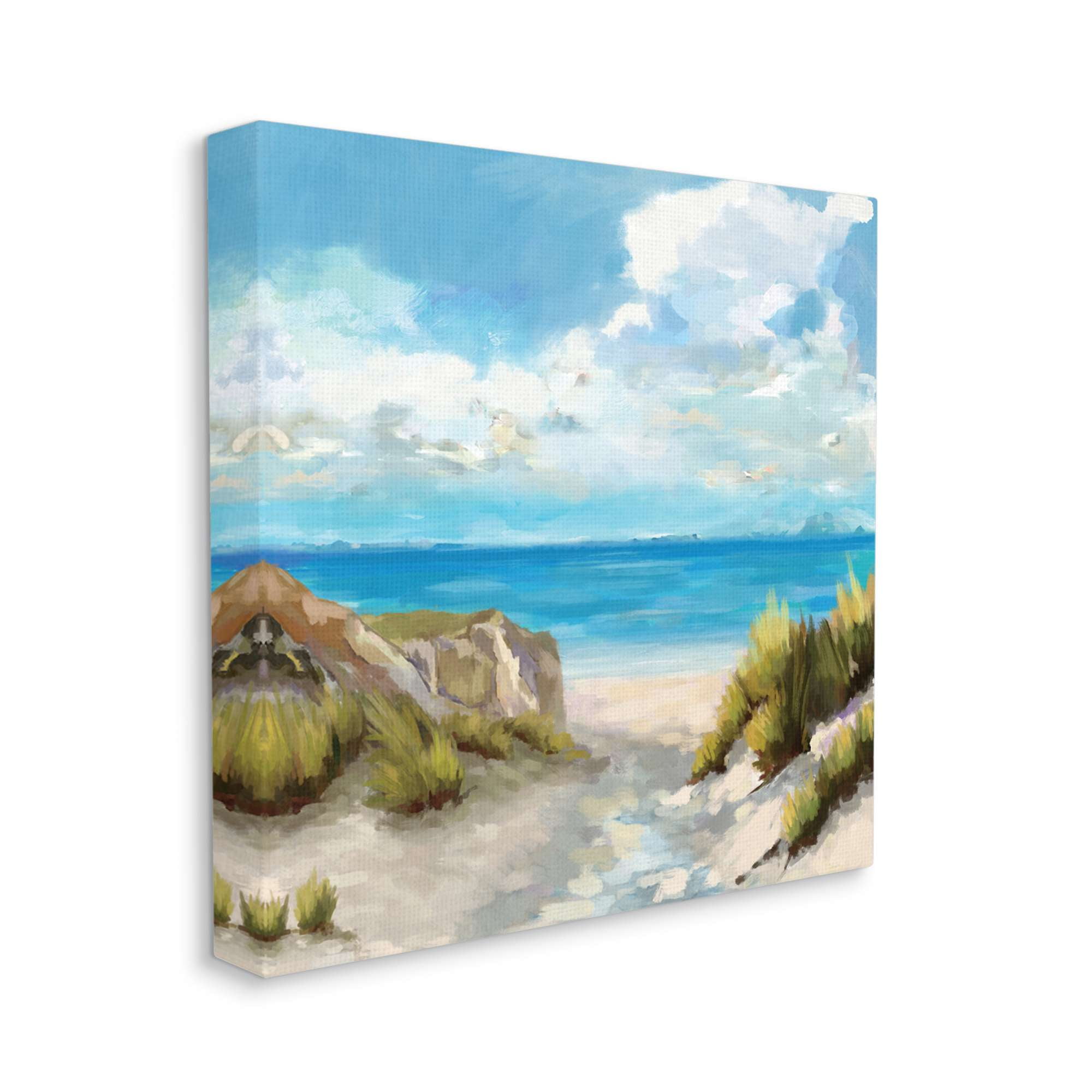 Coastal Path to Beach Nautical Grass Cloudy Summer Sky Landscape Gallery-Wrapped Canvas Print Wall Art, 17x17