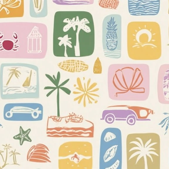 Coastal Peel and Stick Wallpaper 17.7in x 9.8ft Tropical Beach Vacation Icons Soft Pastel Colors Contact Paper Vinyl Self-Adhesive Removable Wall Paper for Bedroom Kitchen Cabinet Renter Friendly