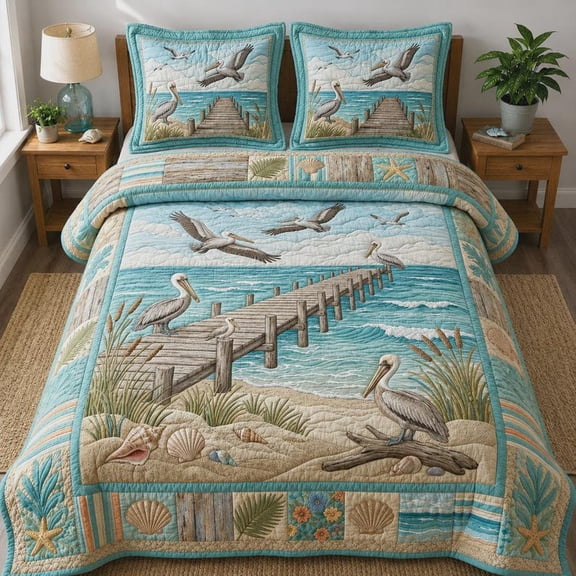 Coastal Pelican Bedding Set, Beach House Bedspread, Ocean Seaside Bedroom Decor Gift
