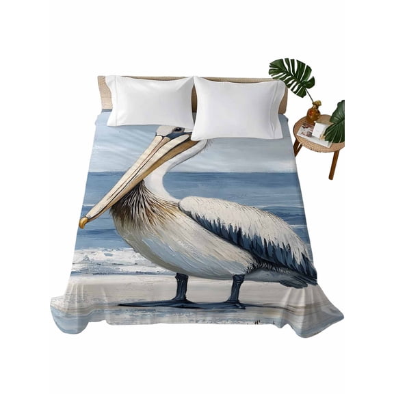 Coastal Pelican Flat Sheets Only King Size, Soft Breathable Bed Top Sheets for Mattress, Modernism Art Oil Painting Birds Luxury Bedding Flat Sheets for Home Hotel Bedroom Bed Protection