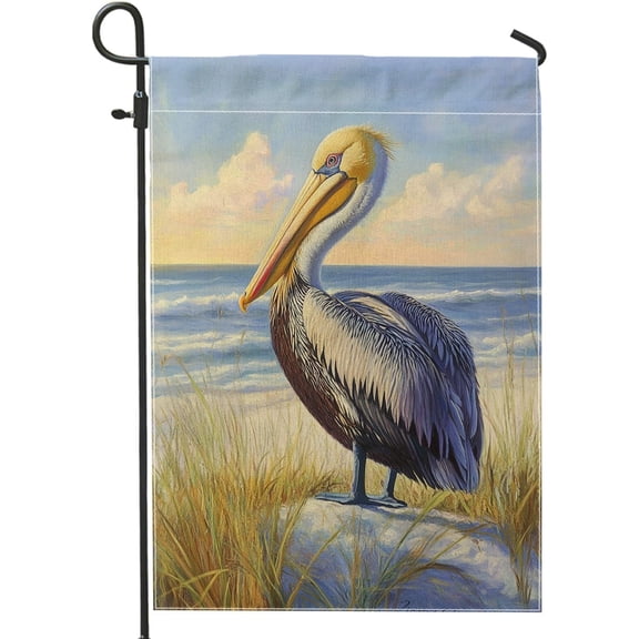 Coastal Pelican Garden Flag Beige Bird with Ocean Background Double-Sided Summer Yard Banner Beach Theme Lawn Decoration 12x18 Inch