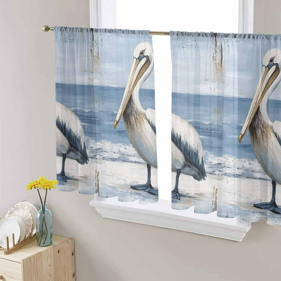 Coastal Pelican Sheer Curtains 54 Inches Length 2 Panels Set, Window Sheer Curtains for Living Room/Bedroom, Modernism Art Oil Painting Birds Light Filtering Rod Pocket Curtain 52'' x 54'' x 2