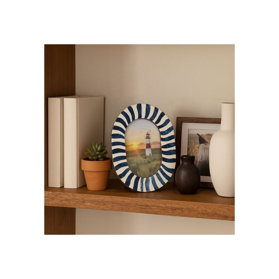 Coastal Photo Frame - Striped Resin & Wood Oval Picture Frame with Glass Front & MDF Back - Decorative Beach Style for Home, Office, Living Room & Bedroom - 9" Blue & White