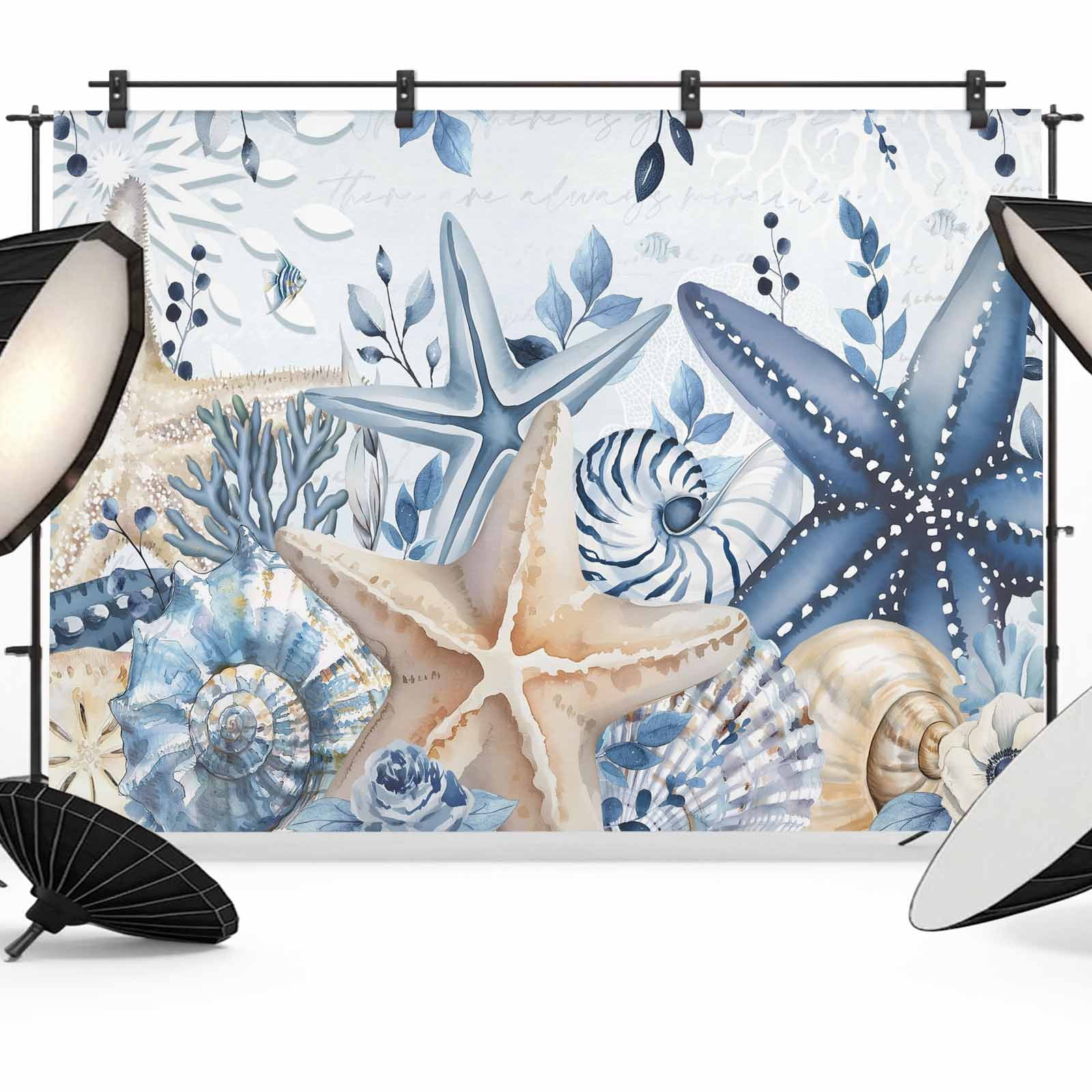 Capos Shells Backdrop Coastal Photography Backdrop 12x8FT, Ocean Blue Beige Starfish Shells ...