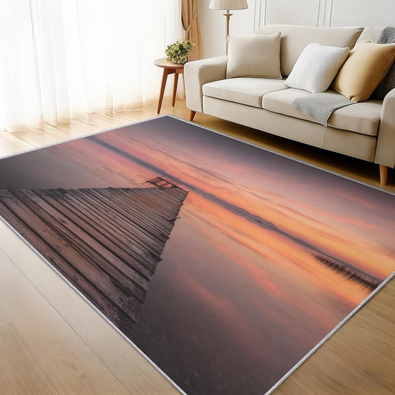 Coastal Pier Sunset Area Rug, Ocean Landscape Indoor Carpet, Washable Non Slip Low Pile Soft Thin Rug for Living Room Bedroom Home Decor Mat 5x8ft