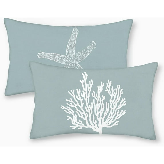 Coastal Pillow Covers 12x20 Set of 2 Blue Coral Starfish Throw Pillows Nautical Ocean Decorations Summer Linen Beach Pillowcase Outdoor Decor Farmhouse Lumbar Cushion Case for Home Living Room