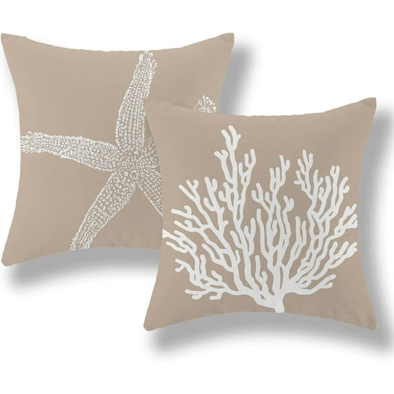 Coastal Pillow Covers 16x16 Inch Set of 2 Brown Tan Coral Starfish Throw Pillows Summer Nautical Beach Ocean Decorations Linen Pillowcase Outdoor Decor Farmhouse Cushion Case for Home Bedroom