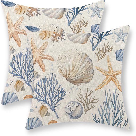 Coastal Pillow Covers 18x18 Inch Set of 2 Blue Ocean Nautical Starfish Pillow Covers Summer Outdoor Beach Coral Shell Decorative Pillow Cases Linen Square Cushion Cover Decor for Couch Sofa
