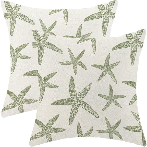 Coastal Pillow Covers 18x18 Pack of 2 Ocean Themed Sage Green Starfish Throw Pillow Covers Outdoor Decoration,Summer Beach Nautical Decor Pillowcase Linen Decorative Cushion Case for Sofa Couch