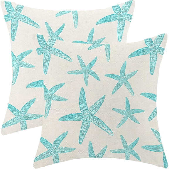Coastal Pillow Covers 18x18 Pack of 2 Ocean Themed Teal Starfish Throw Pillow Covers Outdoor Decoration,Summer Beachy Nautical Decorative Pillowcase Linen Cushion Case Decor for Home Sofa