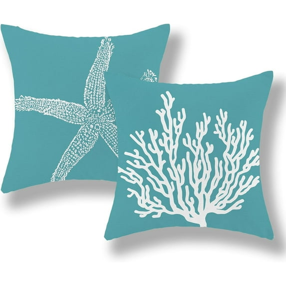 Coastal Pillow Covers 18x18 Set of 2 Aqua Teal Turquoise Coral Starfish Throw Pillows Nautical Ocean Decorations Summer Linen Beach Pillowcase Outdoor Decor Farmhouse Cushion Case for Couch