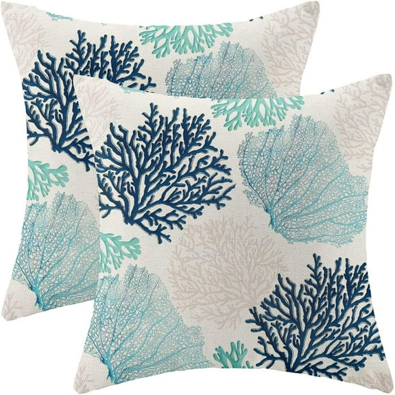 Coastal Pillow Covers 20x20 Inch Set of 2 Coral Branch Ocean Themed Beach Decor Throw Pillows Turquoise Navy Blue Beachy Nautical Summer Outdoor Decorative Cushion Cases for Couch Decorations