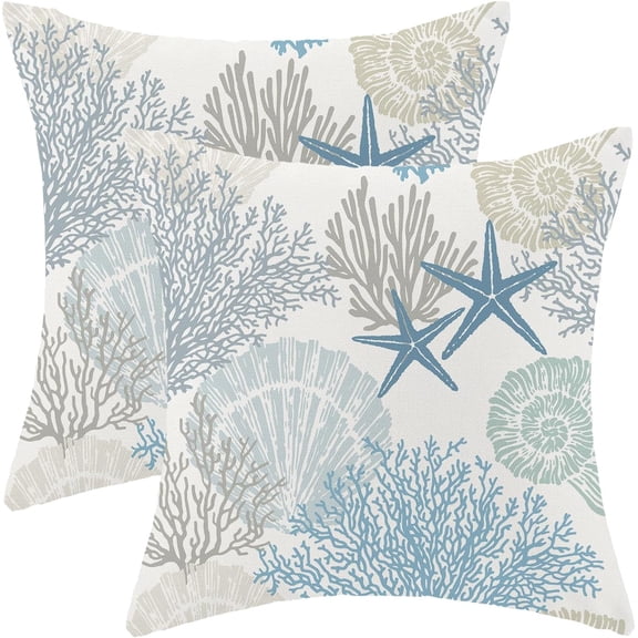 Coastal Pillow Covers 20x20 Inch Set of 2 Coral Branch Ocean Themed Beach Decor Throw Pillows Turquoise Navy Blue Beachy Nautical Summer Outdoor Decorative Cushion Cases for Couch Decorations