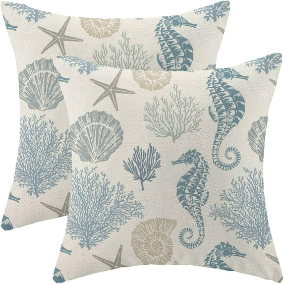 Coastal Pillow Covers 20x20 Inch Set of 2 Sea Horse Ocean Themed Beach Decor Throw Pillows Turquoise Navy Blue Beachy Nautical Summer Outdoor Decorative Cushion Cases for Couch Decorations