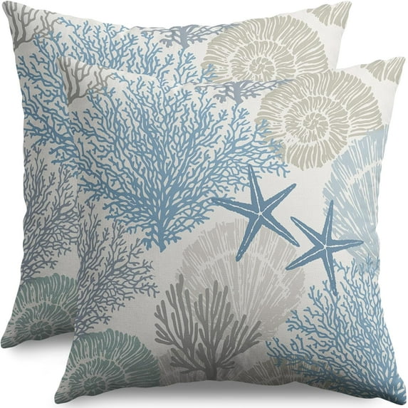 Coastal Pillow Covers 20x20 Set of 2 Blue Beach Theme Ocean Seashell Starfish Coral Summer Nautical Sea Print Decorative Throw Pillow Cases Outdoor Farmhouse Decoration for Sofa Couch Bed
