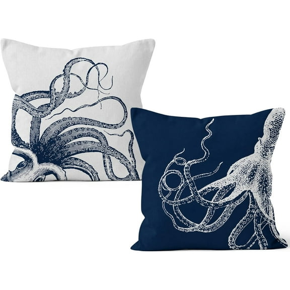 Coastal Pillow Covers, Nautical Pillow Covers, Nautical Coastal Octopus Pillows Decorative Pillowcase Throw Pillow Cover 18 x 18, Ocean Beach Octopus for Sofa Bed Room Home Decor Set of 2