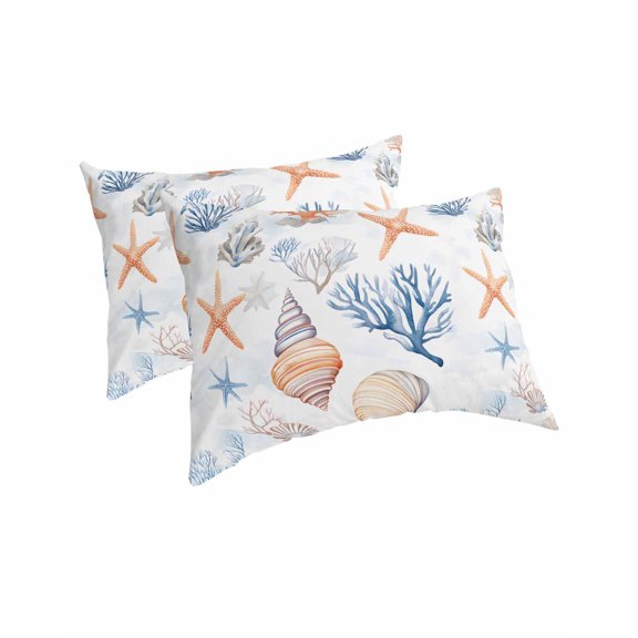 Coastal Pillow Covers Queen Size 2 Pack, Ocean Starfish Coral Shell Conch Aesthetics Blue Soft Bed Throw Pillowcases Breathable Cooling Long Lumbar Body Pillow Sham Cover for Bed Sofa 20''x30''