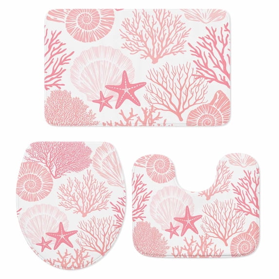 Coastal Pink Bath Mat 3 Piece Bathroom Rug Set, Ocean Coral Starfish Shell Modern Sea Non Slip Bath Rug Contour Mat and Toilet Lid Cover, Absorbent Shower Mats Soft Bath Rugs and Mats Sets