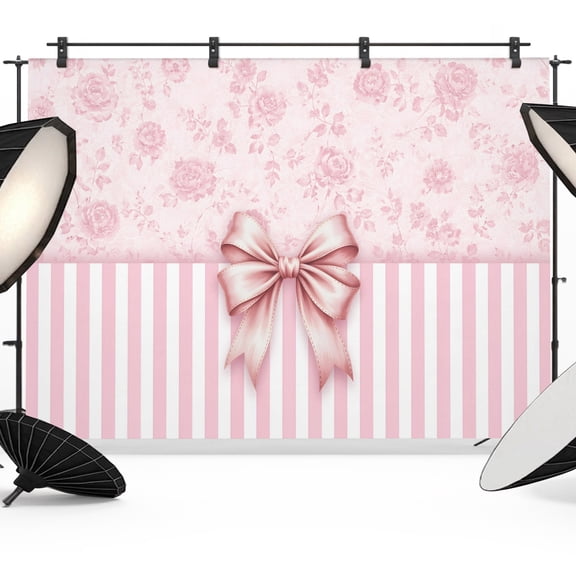 Coastal Pink Bowknot Backdrops for Photography, Rustic Pink Floral Stripes Fabric Photo Background Sturdy Studio Props for Photo Studio, Video Recording, Booth & Photoshoot 7x5ft