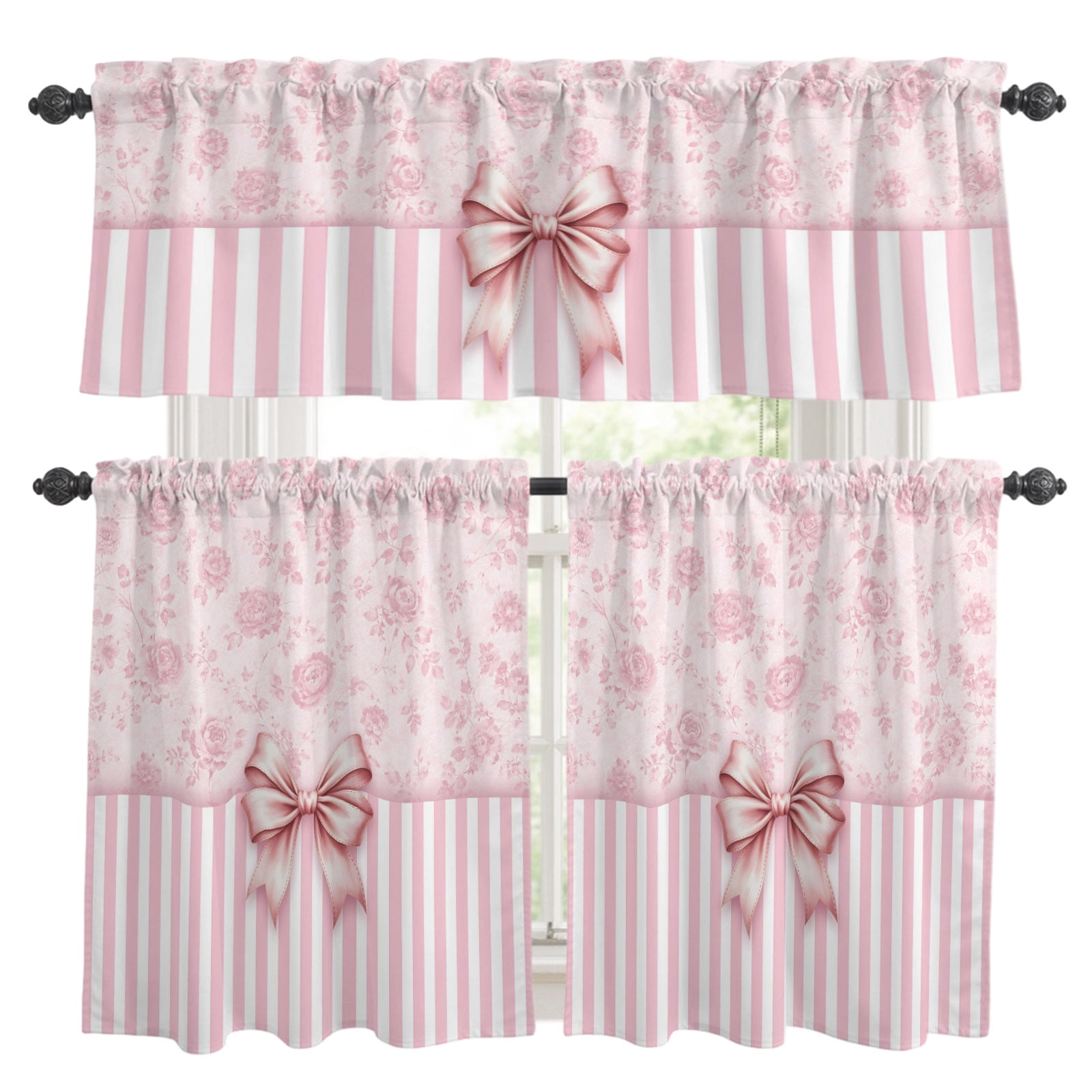 Coastal Pink Bowknot Kitchen Curtains and Valances Set, Rustic Pink — free download