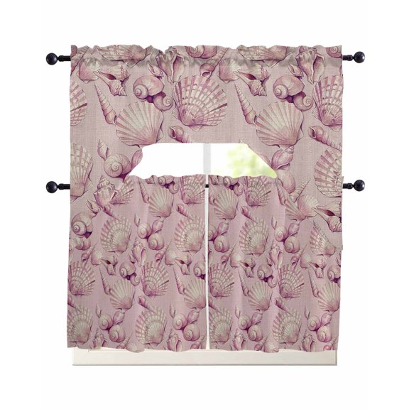Coastal Pink Conch Kitchen Curtains Sets 24 Inch Length with Valance, Vintage Summer Beach Shells Marine Swag Valances and Tiers Curtain Set Swag Curtains for Living Room, Bathroom, Bedroom, Cafe