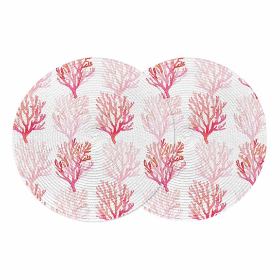 Coastal Pink Coral Round 13 Inch Placemats Set of 2, Nautical Ocean Seaside Beach HeatResistant Non Slip Place Mats for Dining Table, Wipeable Braided Kitchen Table Mats for Housewarming