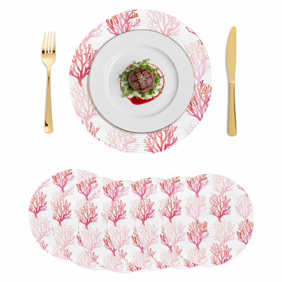 Coastal Pink Coral Round 15 Inch Placemats Set of 6, Nautical Ocean Seaside Beach HeatResistant Non Slip Place Mats for Dining Table, Wipeable Braided Kitchen Table Mats for Housewarming