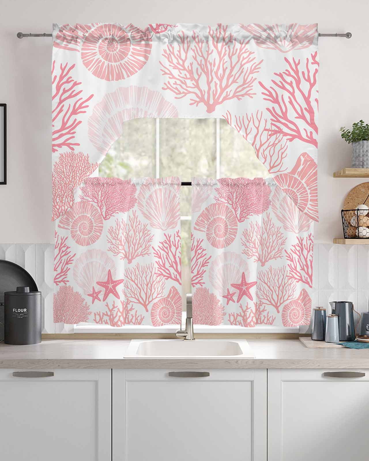 Coastal Pink Kitchen Curtains and Valance Set,Ocean Coral Starfish ...
